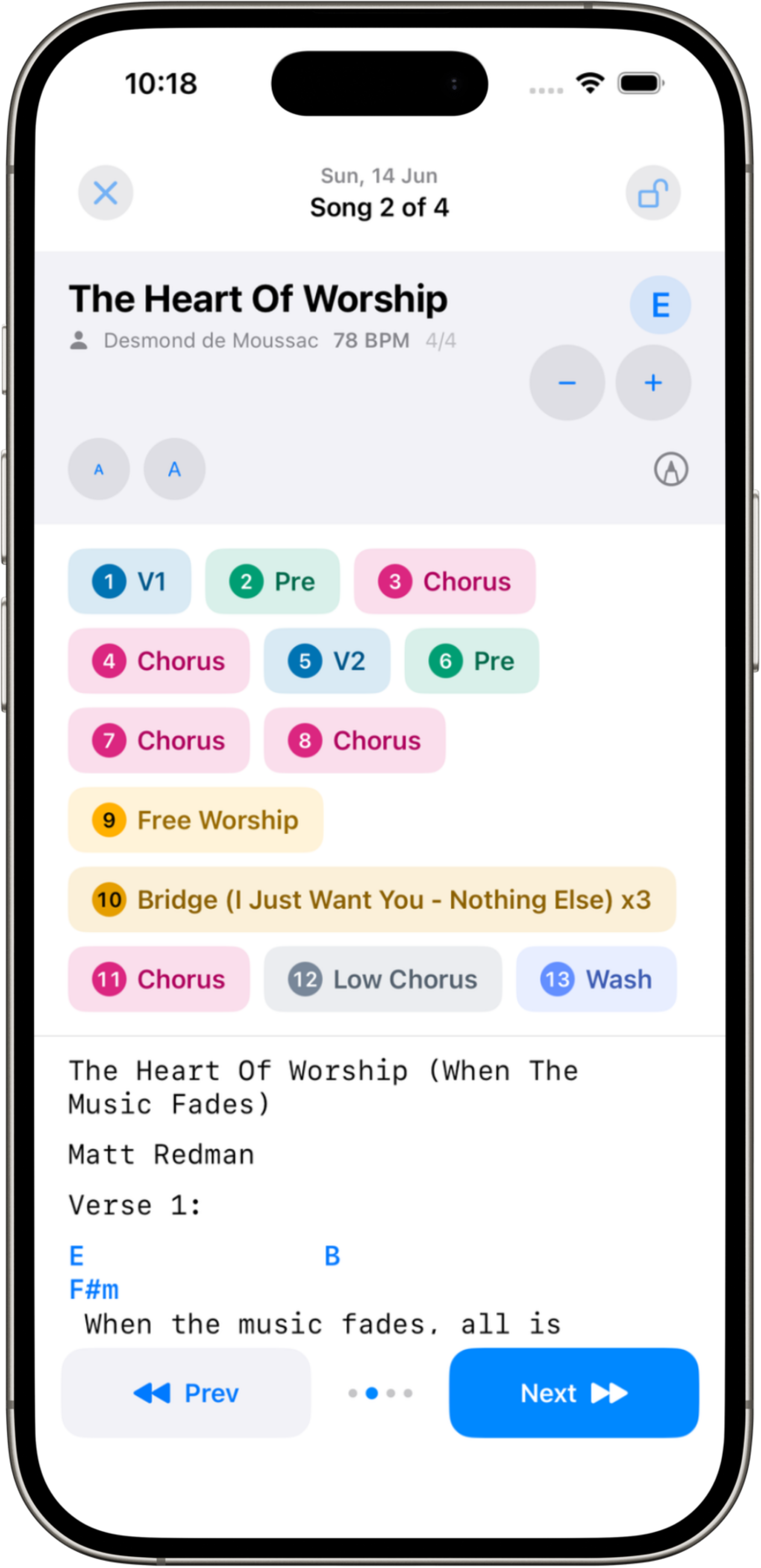 Beacon chord sheet showing chords above lyrics with color-coded song sections