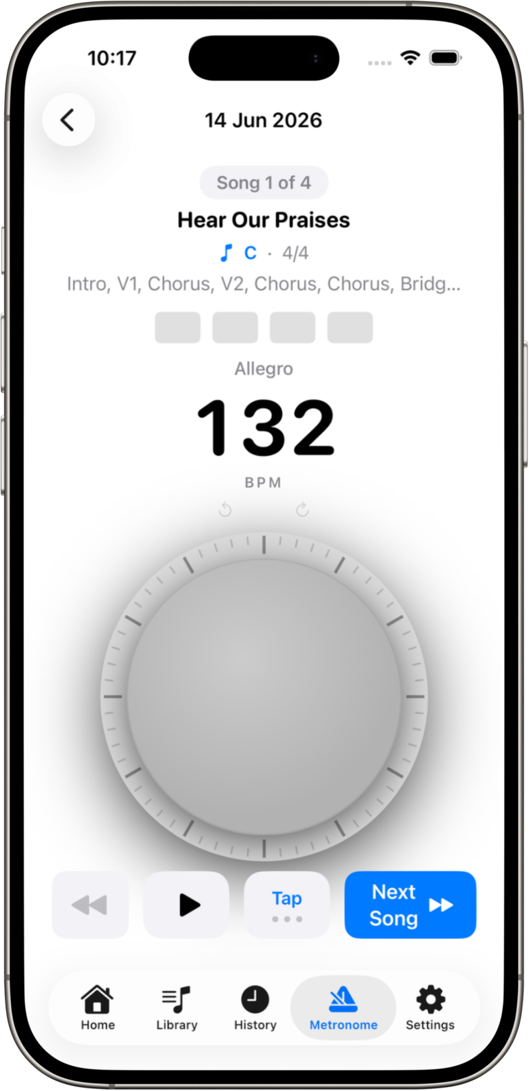 Beacon metronome view showing a large BPM dial and tempo controls